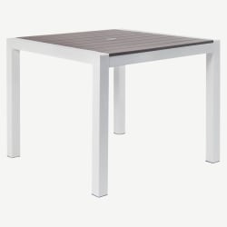 White Aluminum Restaurant Patio Table with Grey Faux Teak Top