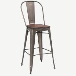 Dark Grey Bistro Style Metal Bar Stool with Wood Seat in Walnut Finish