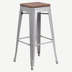 Bistro Style Silver Metal Backless Bar Stool with Walnut Wood Seat