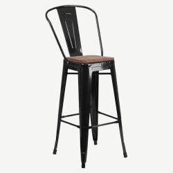 Bistro Style Black Metal Bar Stool with Walnut Wood Seat