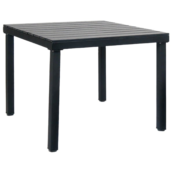 Table with Black Metal Frame and Black Finish Faux Teak Top Interior