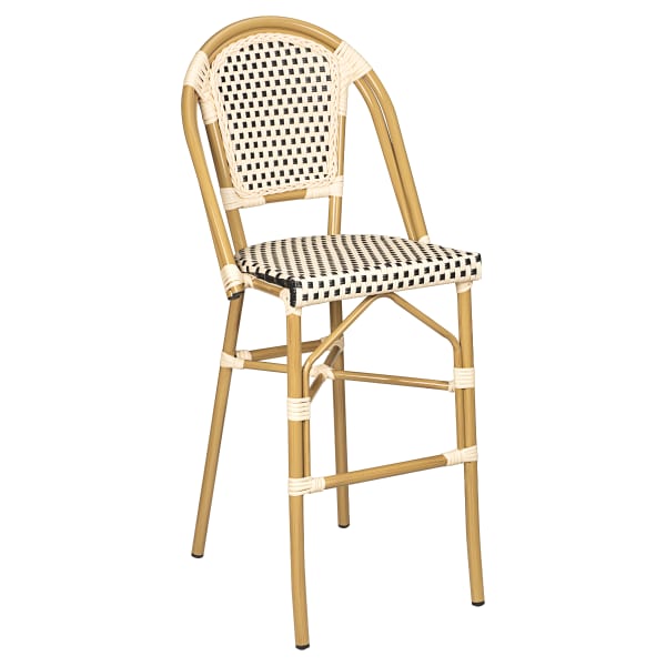Aluminum Bamboo Patio Bar Stool with Black and Cream Rattan Interior