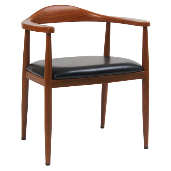 Wood Grain Metal Arm Chair in Walnut Finish with Black Vinyl Seat Interior