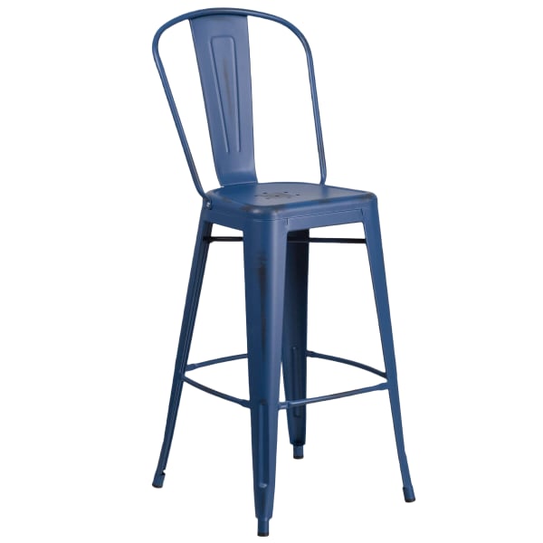 Distressed Dark Blue Bistro Style Metal Bar Stool Interior