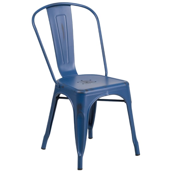 Distressed Dark Blue Bistro Style Metal Chair Interior