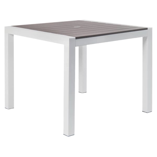 White Aluminum Restaurant Patio Table with Grey Faux Teak Top Interior