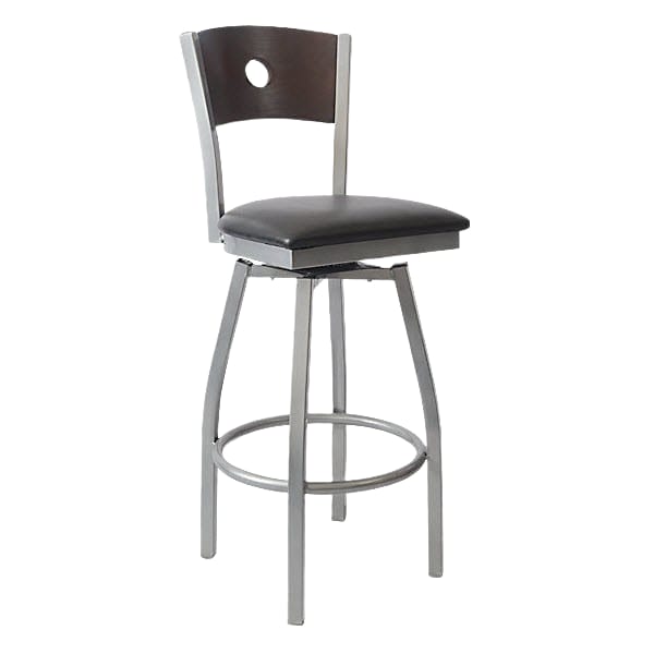 Silver Swivel Bar Stool with a Wood Back - Circle Interior