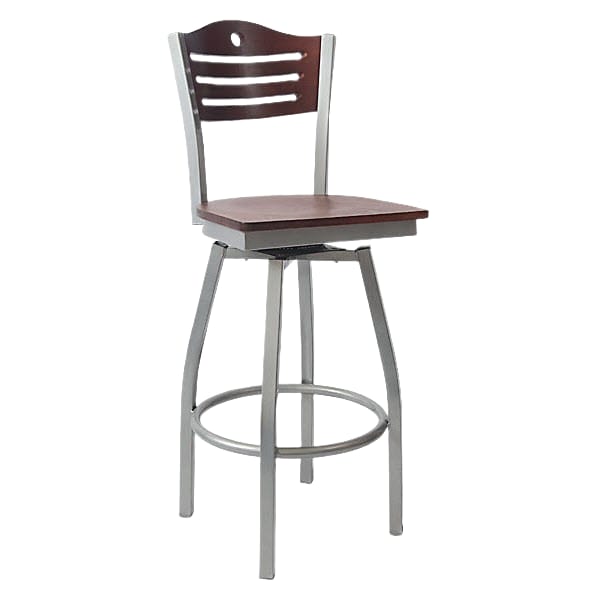 Silver Swivel Bar Stool with a Wood Back - Circle & 3 Slats Interior