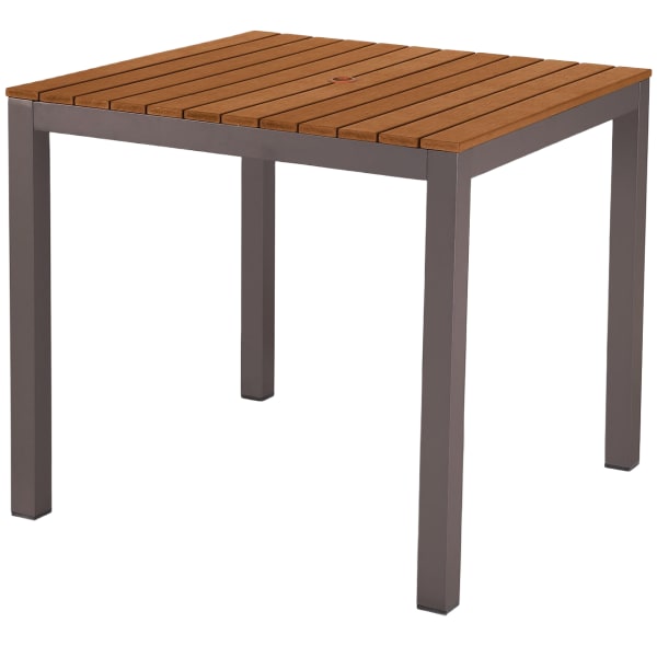 Aluminum Patio Table in Rust Color Finish with Faux Teak Slats Interior