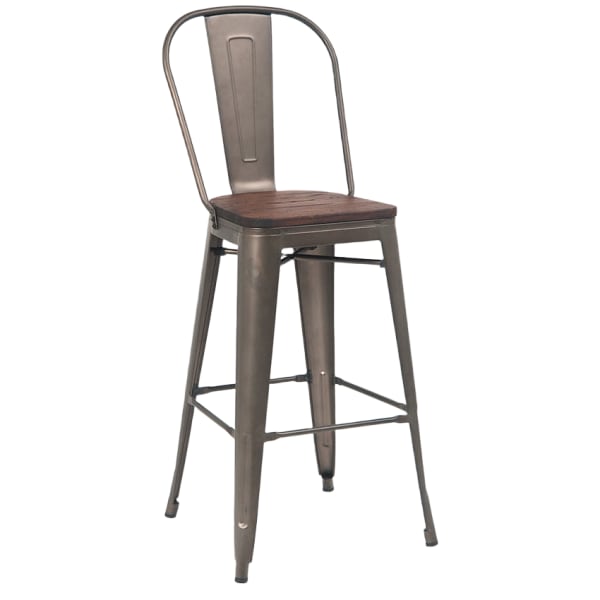 Dark Grey Bistro Style Metal Bar Stool with Wood Seat in Walnut Finish Interior