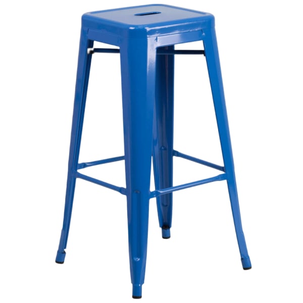 Backless Blue Bistro Style Metal Bar Stool Interior