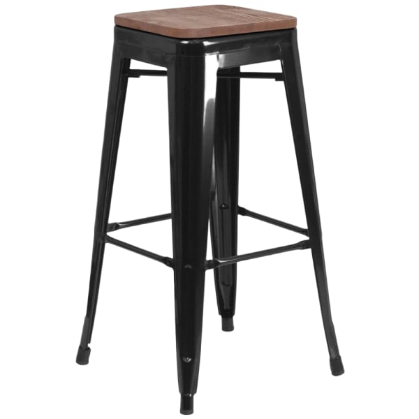 Bistro Style Black Metal Backless Bar Stool with Walnut Wood Seat Interior