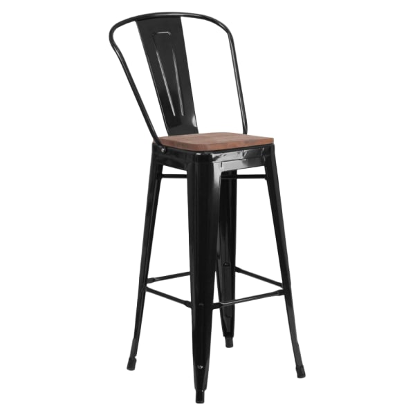 Bistro Style Black Metal Bar Stool with Walnut Wood Seat Interior