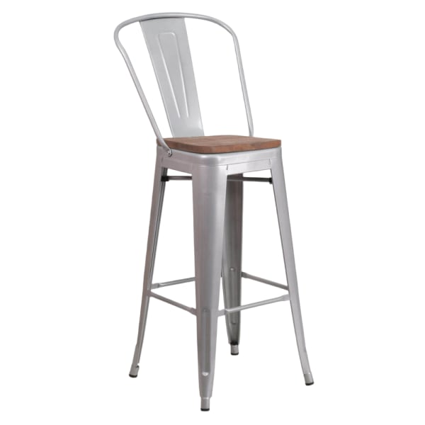 Bistro Style Silver Metal Bar Stool with Walnut Wood Seat Interior