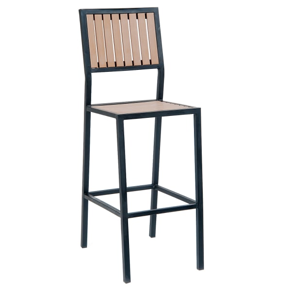 Black Metal Bar Stool with Natural Finish Vertical Slat Faux Teak Interior