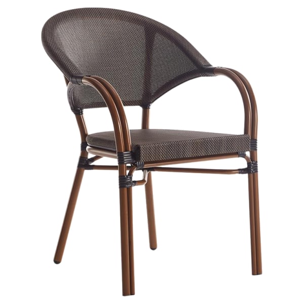 Metal Bamboo Patio Armchair with Dark Brown Rattan and Walnut Frame Interior