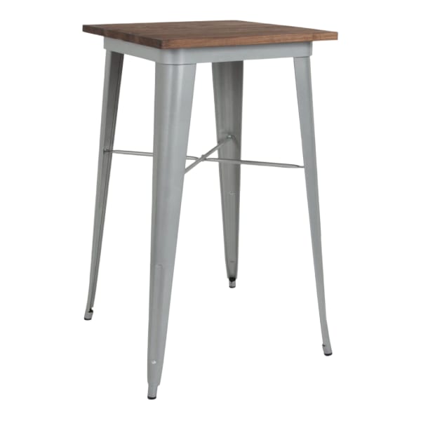 Industrial Silver Bar Height Table with Dark Walnut Wood Top Interior